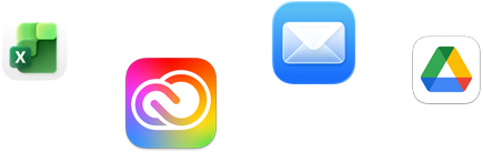 Various app icons in a scattered array, including Microsoft Excel, Adobe Creative Cloud, Apple Mail, and Google Drive