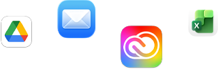 أيقونات لتطبيقات متنوعة معروضة بشكل مبعثر تشمل Microsoft&nbsp;Excel وAdobe&nbsp;Creative&nbsp;Cloud وApple&nbsp;Mail وGoogle&nbsp;Drive‏‏
