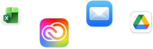 Various app icons in a scattered array, including Microsoft Excel, Adobe Creative Cloud, Apple Mail, and Google Drive