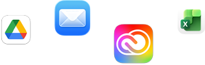 أيقونات لتطبيقات متنوعة معروضة بشكل مبعثر تشمل Microsoft&nbsp;Excel وAdobe&nbsp;Creative&nbsp;Cloud وApple&nbsp;Mail وGoogle&nbsp;Drive‏‏