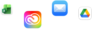 Various app icons in a scattered array, including Microsoft Excel, Adobe Creative Cloud, Apple Mail, and Google Drive