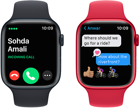 An Apple Watch showing an incoming call and an Apple Watch showing a Messages conversation