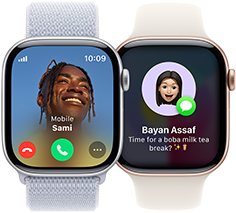 An incoming call on an Apple Watch Series 10 and an incoming text on another Apple Watch Series 10