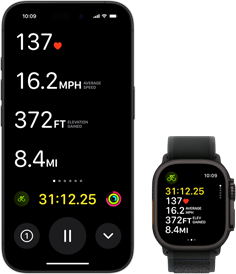 Live Activity showing a person's biking metrics on both their Ultra 2 and their iPhone