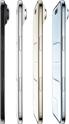 iPhone Air, side exterior, all four finishes, Sky Blue, Light Gold, Cloud White, Space Black, very thin profile, Fusion camera system, button_rivers: side, Camera Control