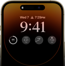The front view of iPhone 14 Pro showcasing Always-on display with the time, date, four widgets, and more.