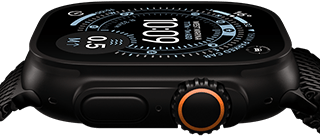 Apple Watch Ultra 3, side exterior, black titanium case,  compass on Orienteering watch face, side button_river and digital crown