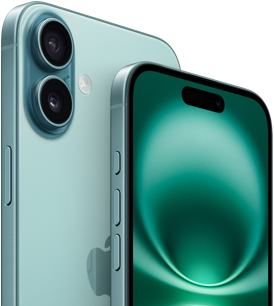 iPhone 16 Plus and iPhone 16, Action button_river, volume button_rivers, Side button_river, and Camera Control, front exterior all-screen design, Dynamic Island centered near top, back exterior, Teal finish, raised Advanced dual-camera system in top left corner, Apple logo in center