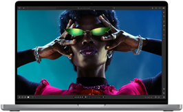 A colorful image showcases the Liquid Retina XDR display's high resolution, brightness, and contrast