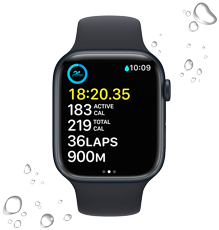 A front view of an Apple Watch Series 8 with a swimming workout screen. Droplets of water are around the Apple Watch