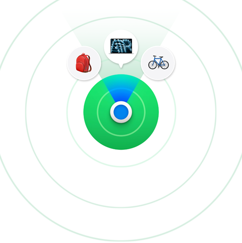 Find My icon with three circle icons above: a red color backpack, an opened MacBook, and a blue color bicycle