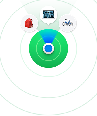 Find My icon with three circle icons above: a red color backpack, an opened MacBook, and a blue color bicycle