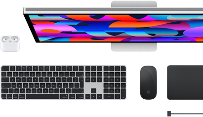 Mac accessories: Airpods, Studio Display, Magic Keyboard, Magic Mouse, Magic Trackpad, MagSafe charge cable in Space Black