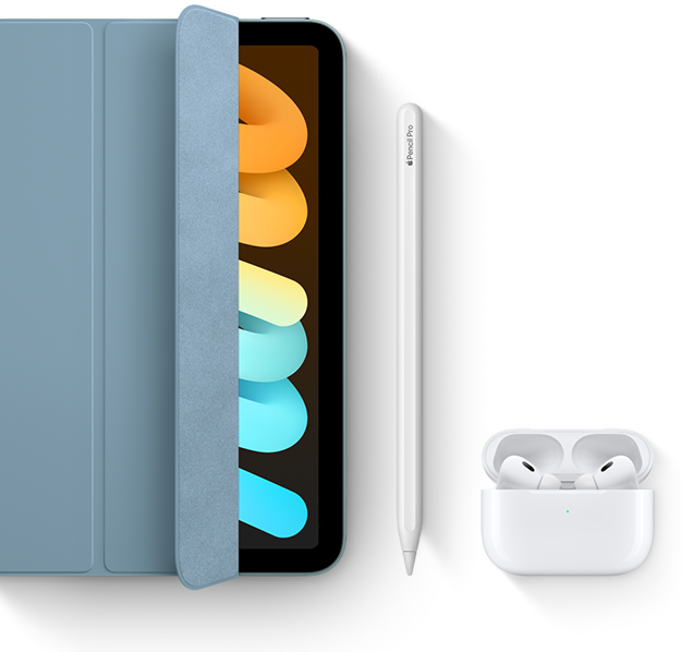 iPad mini is shown in use with Smart Folio, Apple Pencil Pro and AirPods Pro