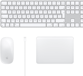 Desktop-view of Magic Mouse, USB-C cable, Magic Trackpad, and numeric Magic Keyboard accessories