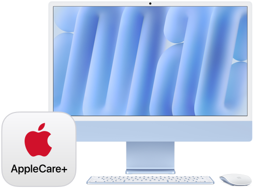 AppleCare+ badge_river_river, with front-facing iMac and matching Magic Keyboard and Magic Mouse accessories