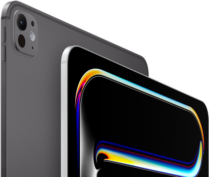 iPad Pro, back side exterior, space black color, volume button_rivers and pro camera system, iPad Pro, front side exterior, silver color, rounded corners, black display bezel, display showing black background with multicolored abstract line art