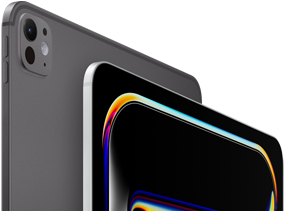 iPad Pro, back side exterior, space black color, volume button_rivers and pro camera system, iPad Pro, front side exterior, silver color, rounded corners, black display bezel, display showing black background with multicolored abstract line art