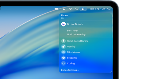 MacBook displaying Focus features: do not disturb and durations, wind-down routine, gaming, mindfulness, studying, coding, and Focus settings