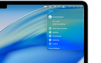 MacBook displaying Focus features: do not disturb and durations, wind-down routine, gaming, mindfulness, studying, coding, and Focus settings