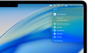 MacBook displaying Focus features: do not disturb and durations, wind-down routine, gaming, mindfulness, studying, coding, and Focus settings