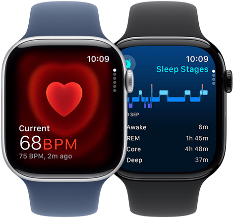 The Heart Rate app showing a current reading of 68 BPM and the sleep apnea notification screen on two separate Apple Watch Series 10 devices