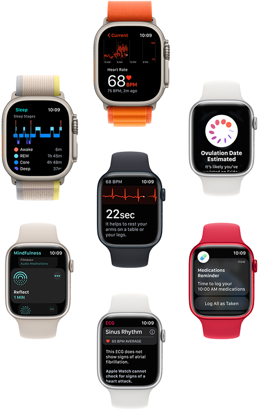 A front view of four Apple Watch devices showing the sleep app, heart rate monitor, ECG, and cycle tracking