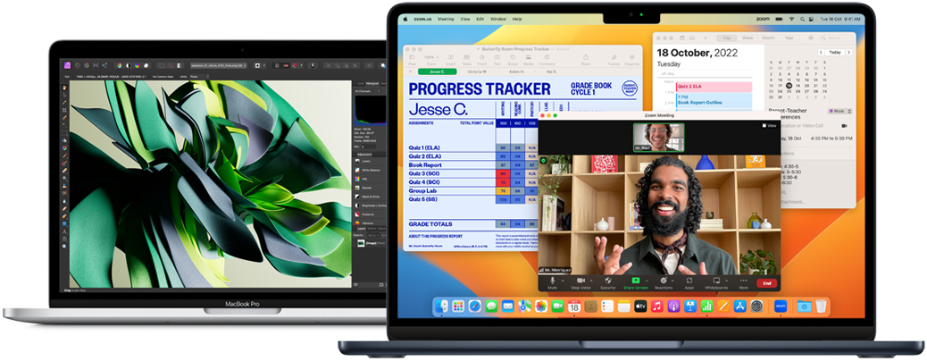 Showcasing 13-inch MacBook Pro in Silver color and MacBook Air with M2 chip in Midnight color, using the apps Zoom, Calendar, Numbers, and Affinity Photo 2.