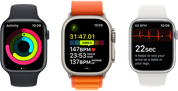 A front view of three Apple Watch devices showing Activity rings, a workout screen with metrics, and the ECG app