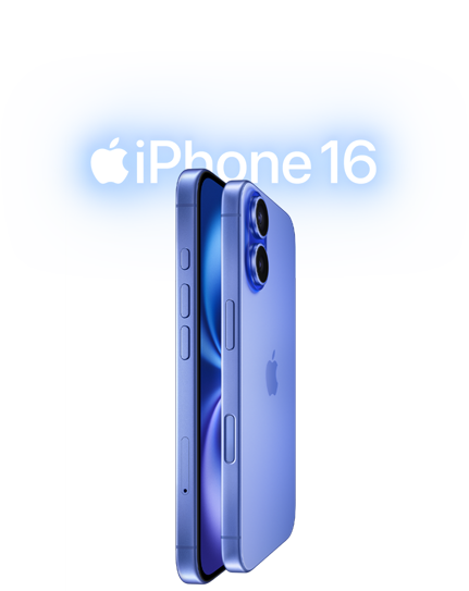 Two iPhone 16 devices, side exterior, stacked facing each other in Ultramarine finishes, volume button_rivers, Action button_river, Side button_river, Camera Control button_river, Apple logo in center, raised Advanced dual-camera system