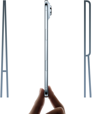 A thumb and forefinger holding iPhone Air, side exterior, Sky Blue color, very thin profile, Fusion camera system, button_rivers: side, Camera Control