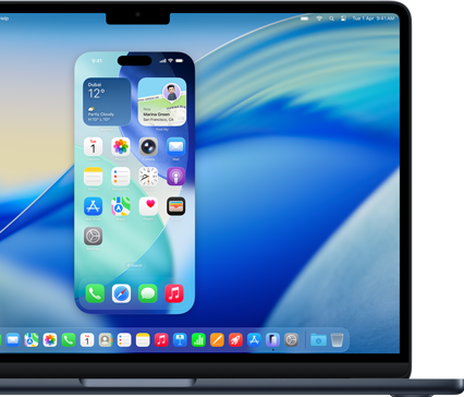 MacBook displaying full iPhone home screen with app icons and status bar icons