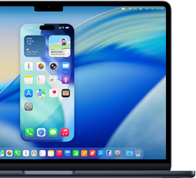 MacBook displaying full iPhone home screen with app icons and status bar icons