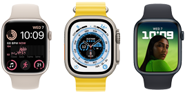 A front view of three Apple Watch devices showing the Modular watch face, the Wayfinder watch face, and a Portraits watch face