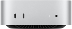 Front view of silver Mac mini showing front ports: two USB-C ports and one 3.5 mm headphone jack