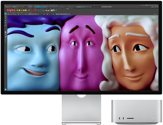 صورة أمامية لجهاز Mac Studio مع شاشة Studio Display‏