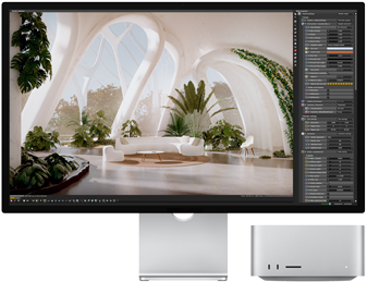 صورة أمامية لشاشة Studio Display‏ إلى جانب جهاز Mac Studio‏